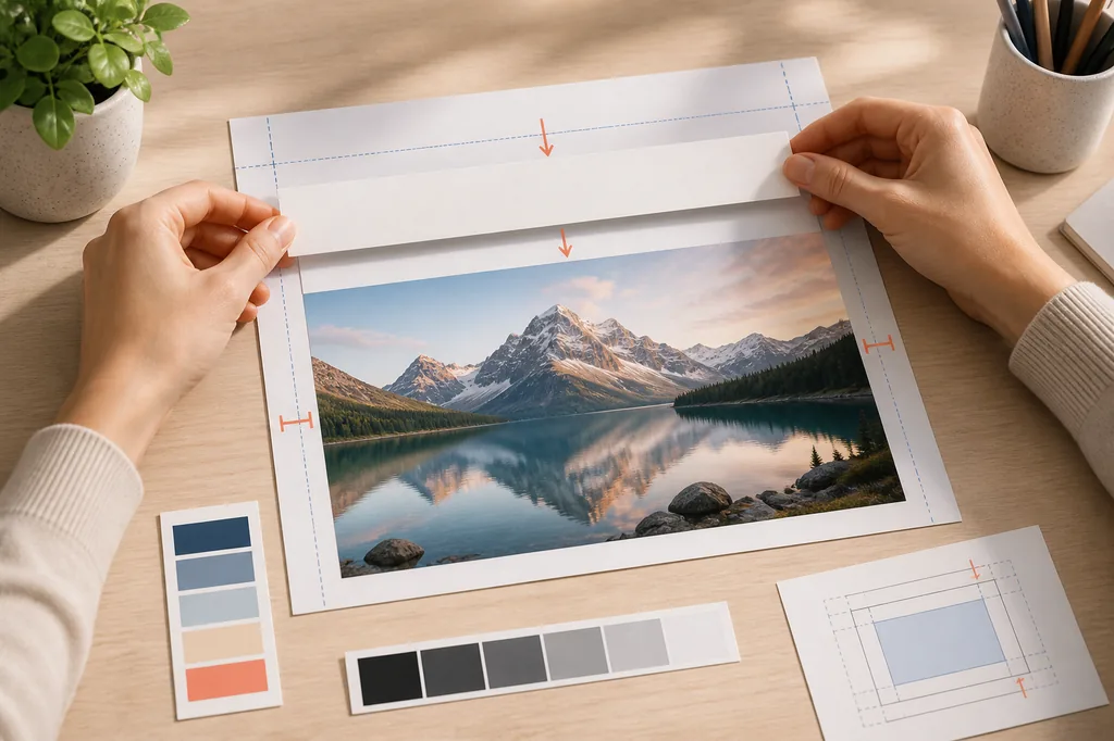 Editorial illustration showing a new text layer being aligned above a landscape photo