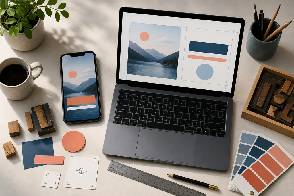 Editorial illustration comparing a phone and laptop workflow for adding text to an image