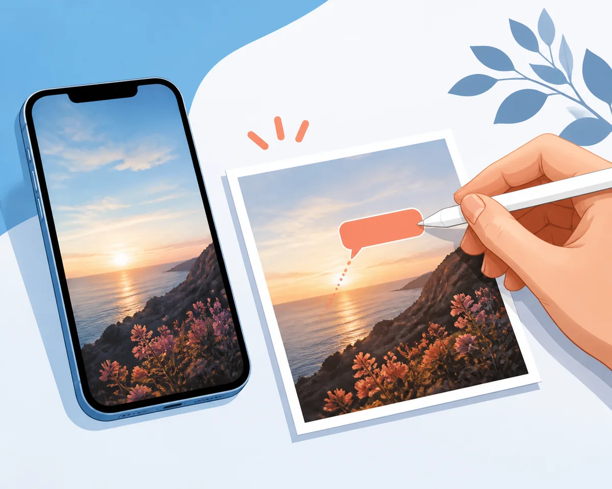 Illustration eines iPhones, auf dem eine neue Textebene mit einem Stift auf ein Foto gesetzt wird
