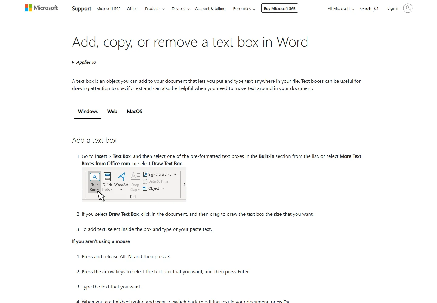 Página de soporte de Microsoft sobre cuadros de texto en Word